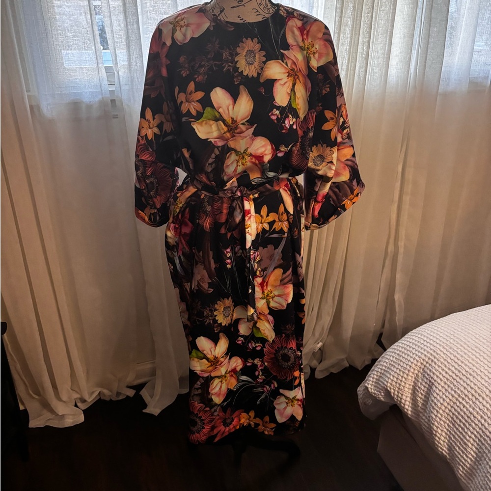 Zoya Black Floral Midi Dress with Pink and Yellow Blossoms